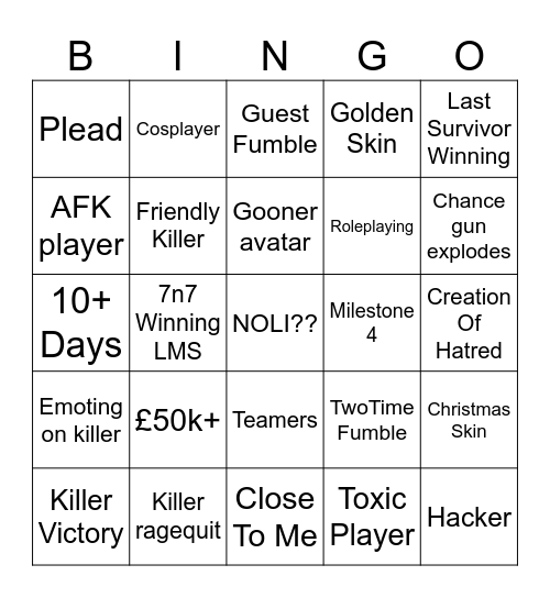Forsaken Bingo Card