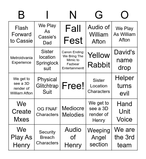 Secret of the Mimic Bingo Card