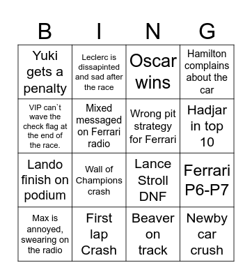Canadian GP Bingo Card
