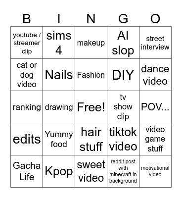 Youtube Shorts Bingo Card