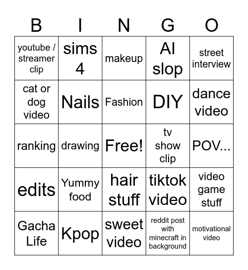Youtube Shorts Bingo Card