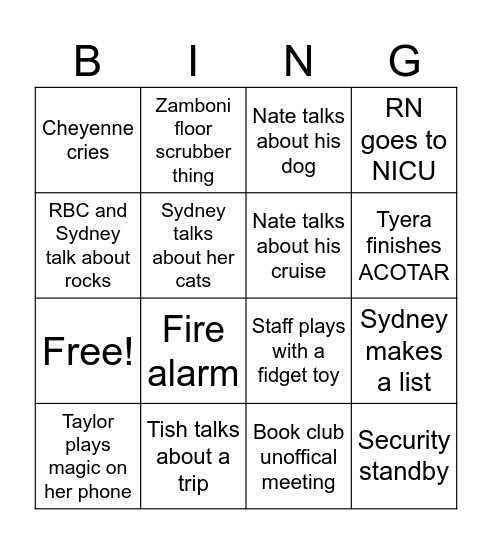 Peds ED Bingo Card