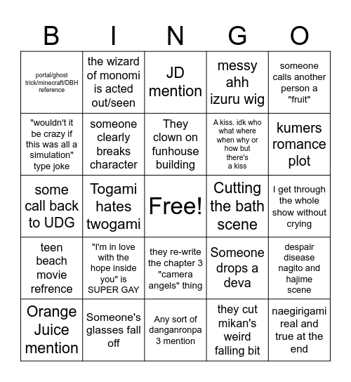 Goodbye Despair Musical Bingo Card