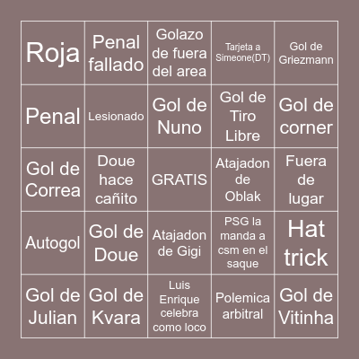 PSG vs ATLETI Bingo Card