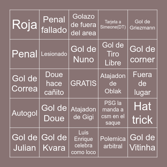 PSG vs ATLETI Bingo Card