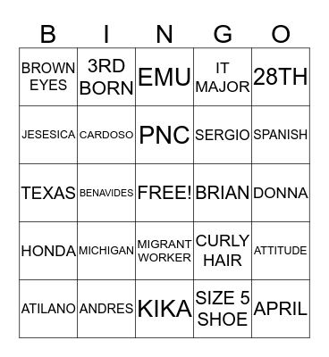 ERICA Bingo Card