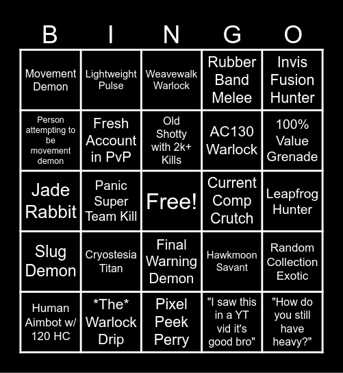 D2 PvP Bingo Card