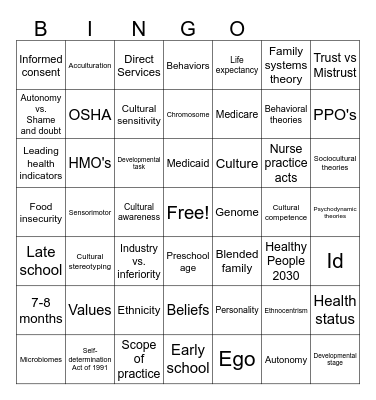 Lifespan Development Midterm Review Bingo Card