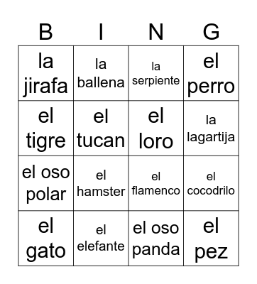 animales Bingo Card