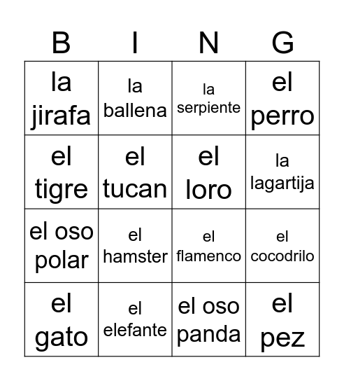 animales Bingo Card