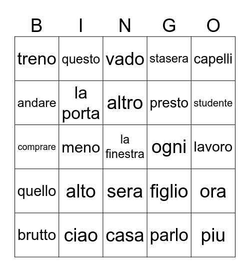 Italian Word Bingo Card