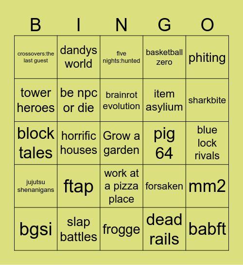 the hatch games Bingo Card