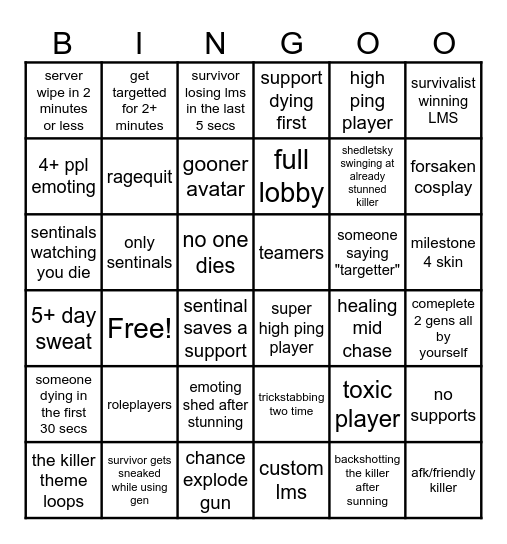 forsaken Bingo Card