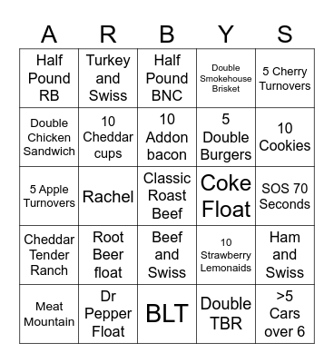 Arby's Bingo Card