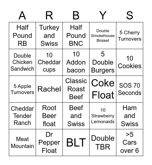 Arby's Bingo Card
