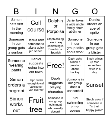 Croatian Vacation Bingo Card