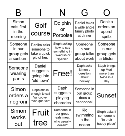 Croatian Vacation Bingo Card