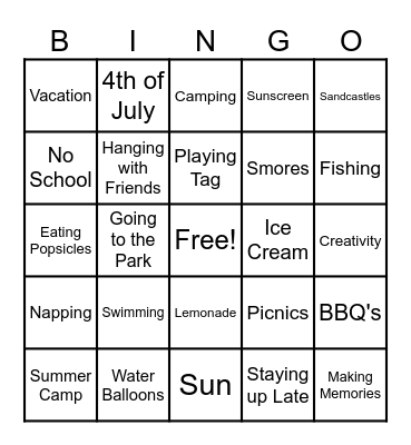 Summer Bucket List Bingo Card