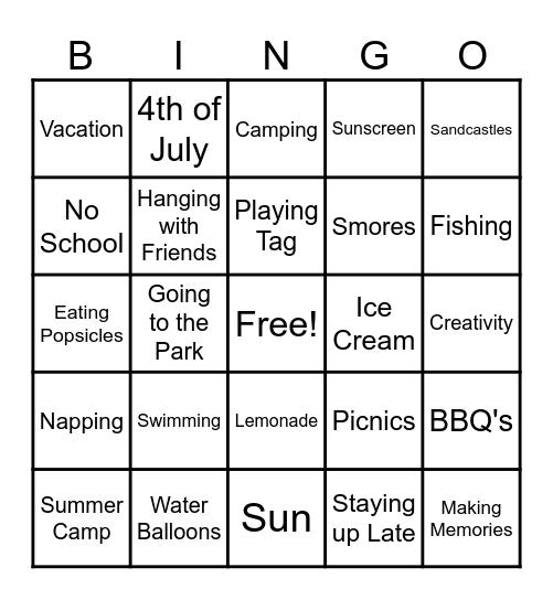Summer Bucket List Bingo Card
