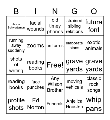 Wes Anderson FILM Bingo Card