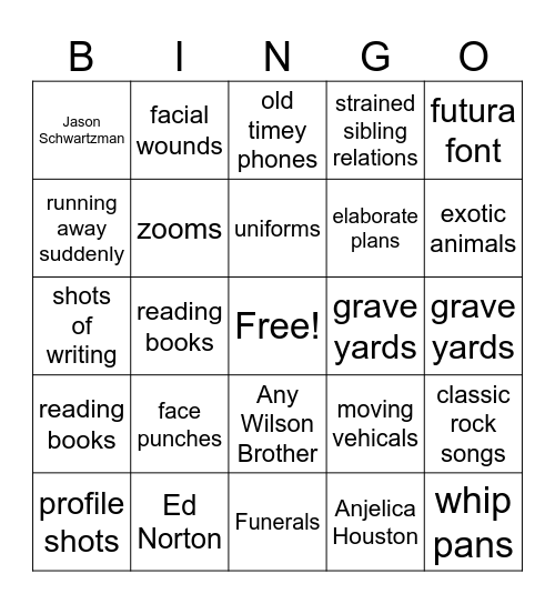 Wes Anderson FILM Bingo Card