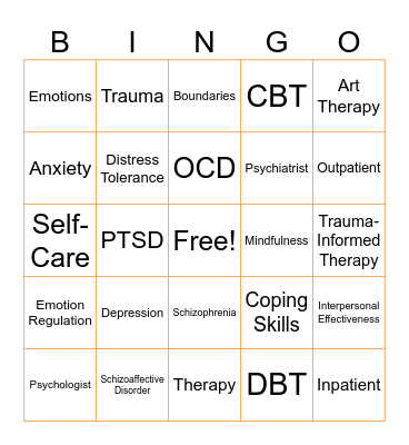 Mental Health Terms Bingo Card