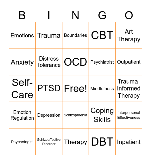 Mental Health Terms Bingo Card
