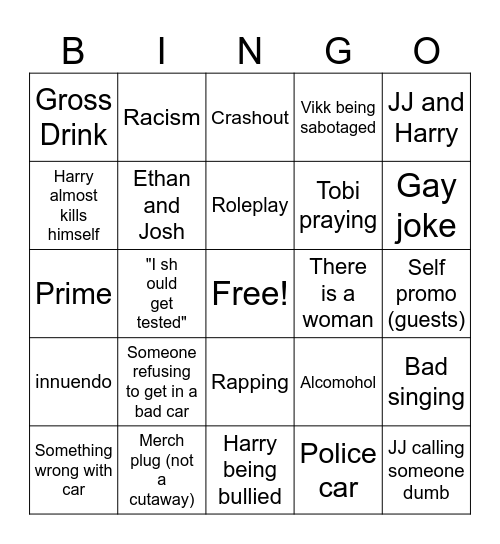 Sidemen Road Trip 15/06/25 Bingo Card
