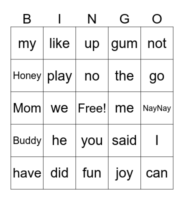 Tara's Sight Word Bingo Card