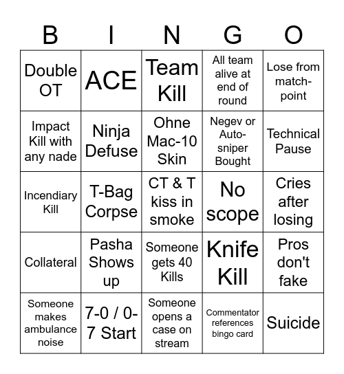 Counter Strike eSports Bingo Card
