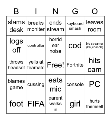 gamer rage Bingo Card