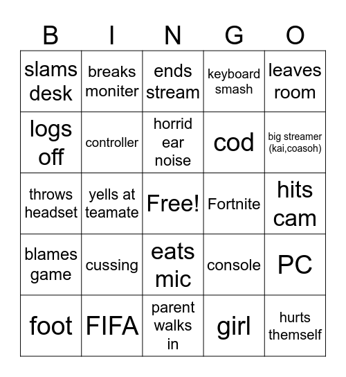 gamer rage Bingo Card