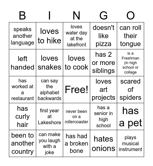 Summer Camp Staff Get to Know You Bingo Card