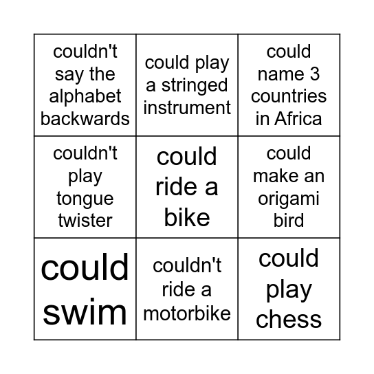 Can / Could Bingo Card