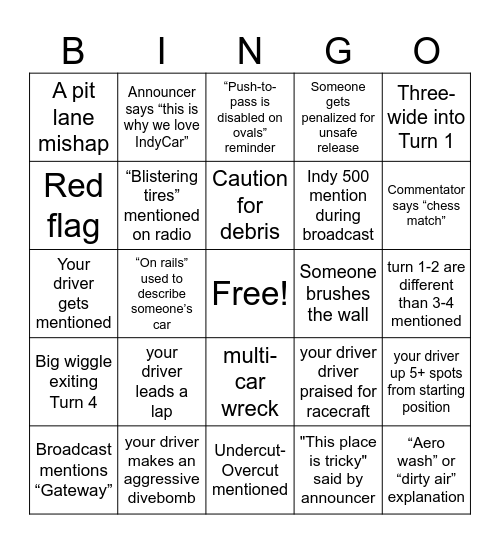 St Louis Indycar Bingo Card