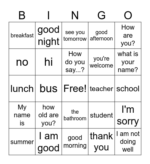Greetings and Basic Phrases Bingo Card