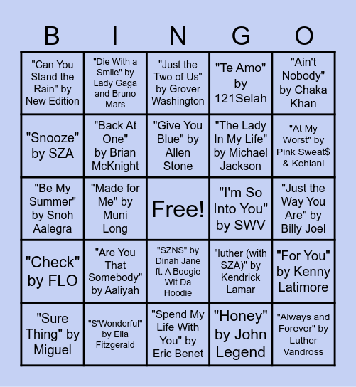 J & N's Engagement Music Bingo Card