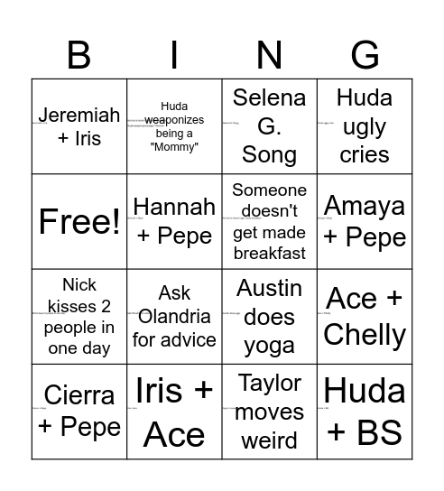 Love Island E11 Bingo Card