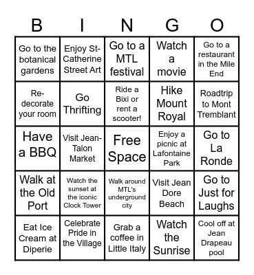 Montreal Summer Bucket List Bingo Card