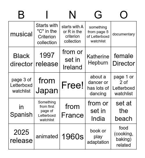 Summer 2025 Movie Watching Challenge Bingo Card