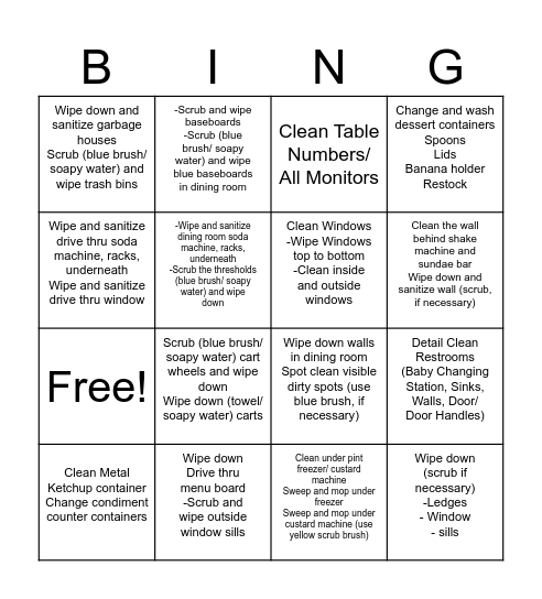 Culver's Bingo Card