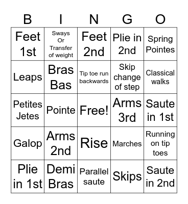 Pre Junior Ballet Bingo Card