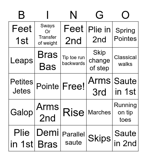 Pre Junior Ballet Bingo Card