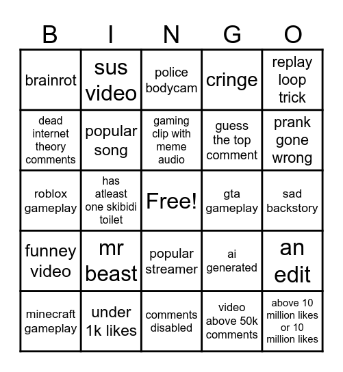 yt shorts bingo Card