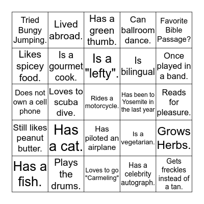 Find a person who fits the category and heave them initial it. One initial per page. Bingo Card