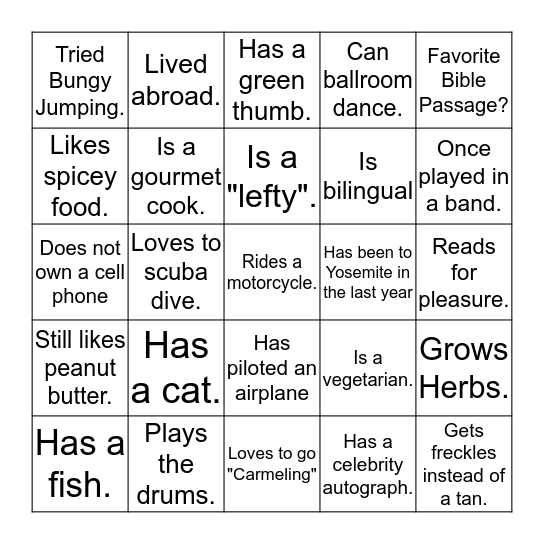 Find a person who fits the category and heave them initial it. One initial per page. Bingo Card