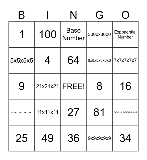 Exponent Bingo Card