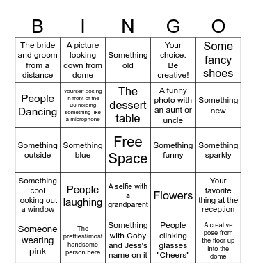 Coby & Jess's Wedding Reception Bingo Card