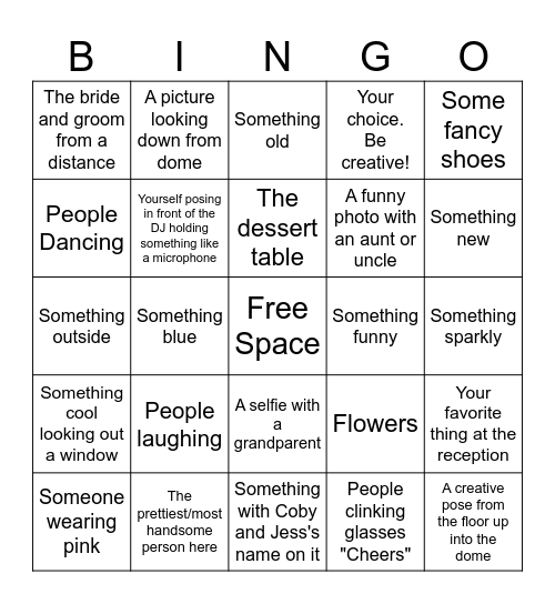 Coby & Jess's Wedding Reception Bingo Card