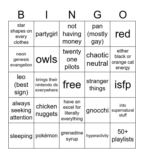 personal bingo Card